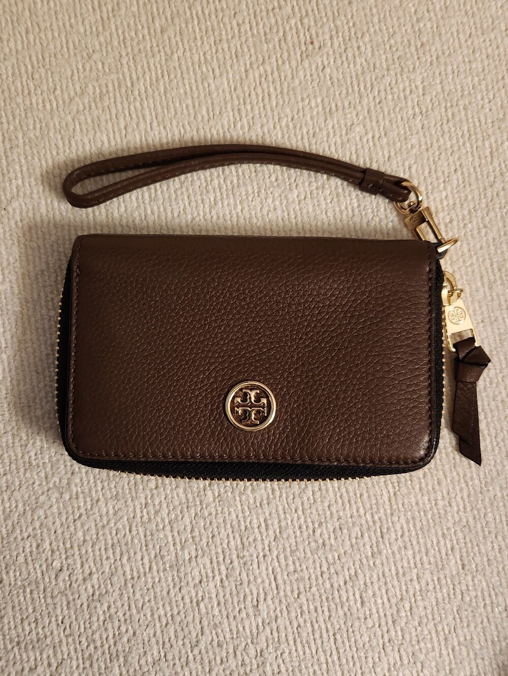 Tory Burch Brown Pebbled Leather Wristlet Card Holder with Gold Logo